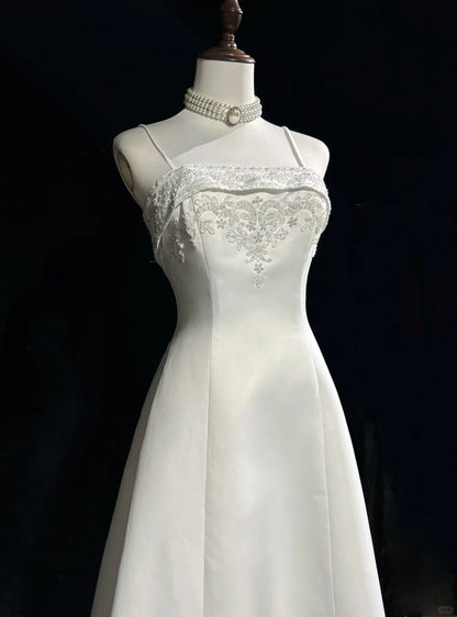 Vestido de fiesta largo de satén con cuentas y tirantes finos, corte A, blanco, para novia, graduación, ED01630