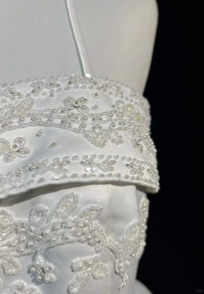 Vestido de fiesta largo de satén con cuentas y tirantes finos, corte A, blanco, para novia, graduación, ED01630