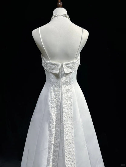 Vestido de fiesta largo de satén con cuentas y tirantes finos, corte A, blanco, para novia, graduación, ED01630