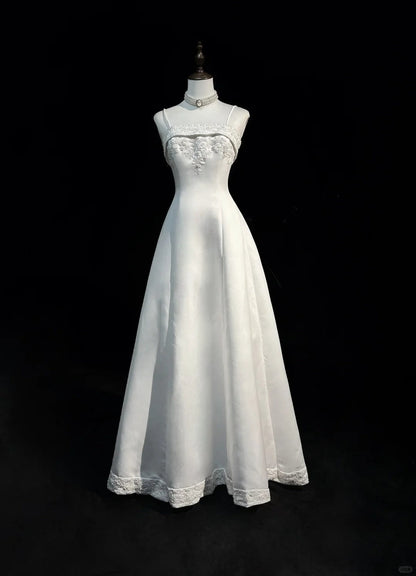 Vestido de fiesta largo de satén con cuentas y tirantes finos, corte A, blanco, para novia, graduación, ED01630