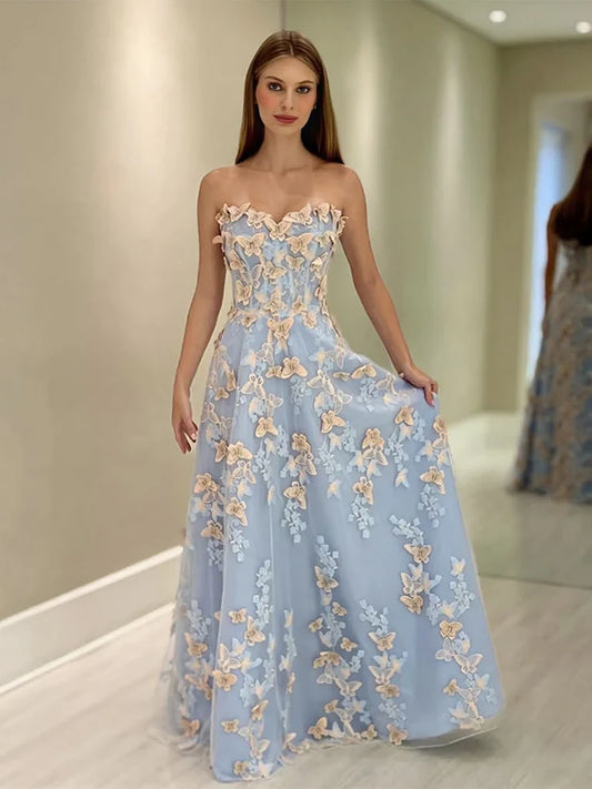 Vestido de fiesta largo azul de tul con escote corazón y encaje, corte A, para graduación, ED01631