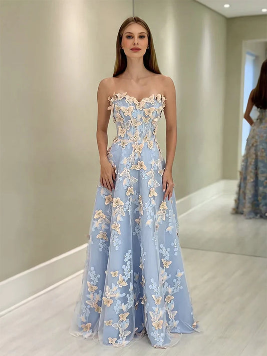 Vestido de fiesta largo azul de tul con escote corazón y encaje, corte A, para graduación, ED01631