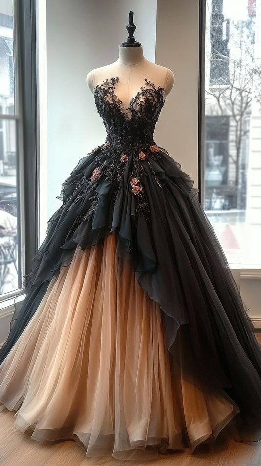 A-Line Sweetheart Neck Beaded Tulle Long Prom Dress for Quinceanera Lace Applique Wedding Dress ED01636