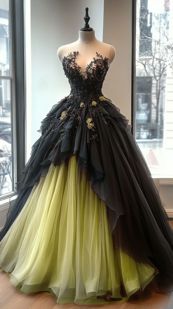 Vestido largo de fiesta de tul con cuentas y escote corazón, corte A, para quinceañera, con apliques de encaje, ED01636