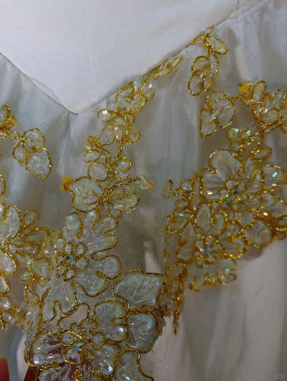 White A-Line Strapless Satin Sequins Long Prom Dress Embroidered Applique Wedding Dress ED01639