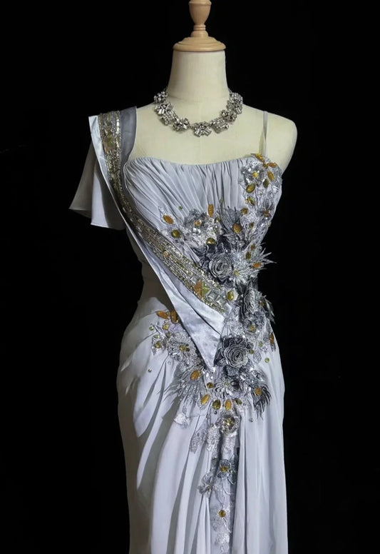 Grey Mermaid Embroidery Applique Exquisite Beading Sequin Spaghetti Strap Long satin Ball Gown Evening Gown Party Dress gh4103