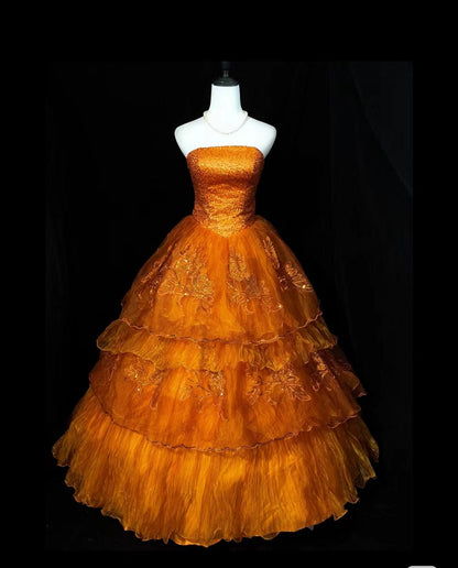Vestido de fiesta largo de tul con lentejuelas, sin tirantes, estilo retro naranja, corte A, precioso vestido de novia ED01650