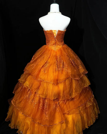 Vestido de fiesta largo de tul con lentejuelas, sin tirantes, estilo retro naranja, corte A, precioso vestido de novia ED01650
