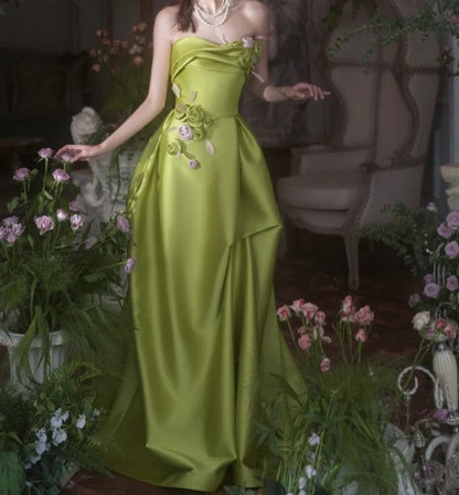 Hermoso vestido de novia largo de satén verde, sin tirantes, corte A, con apliques, ideal para cumpleaños y graduación ED01655