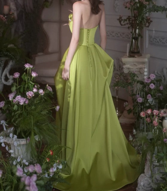Hermoso vestido de novia largo de satén verde, sin tirantes, corte A, con apliques, ideal para cumpleaños y graduación ED01655