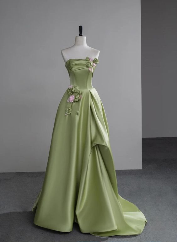 Hermoso vestido de novia largo de satén verde, sin tirantes, corte A, con apliques, ideal para cumpleaños y graduación ED01655