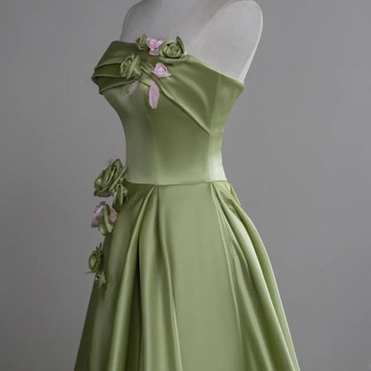 Hermoso vestido de novia largo de satén verde, sin tirantes, corte A, con apliques, ideal para cumpleaños y graduación ED01655