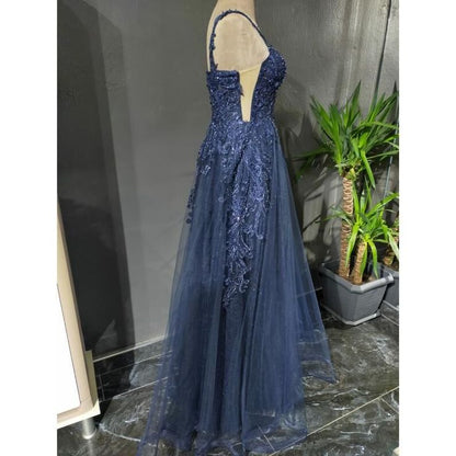 Gray Blue A-Line Spaghetti Strap Tulle Beaded Long Prom Dress Applique Graduation Prom Dress ED01659
