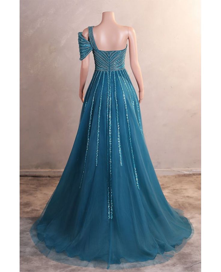 Vestido de fiesta largo de tul con cuentas y un solo hombro, corte A, elegante vestido de noche ED01660