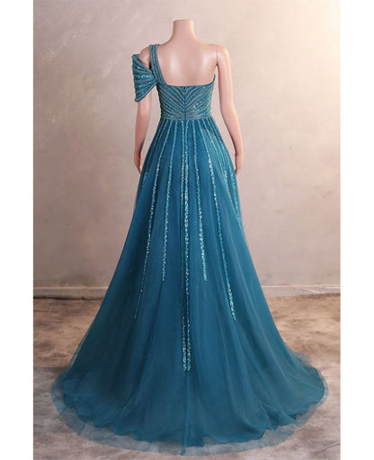 Vestido de fiesta largo de tul con cuentas y un solo hombro, corte A, elegante vestido de noche ED01660