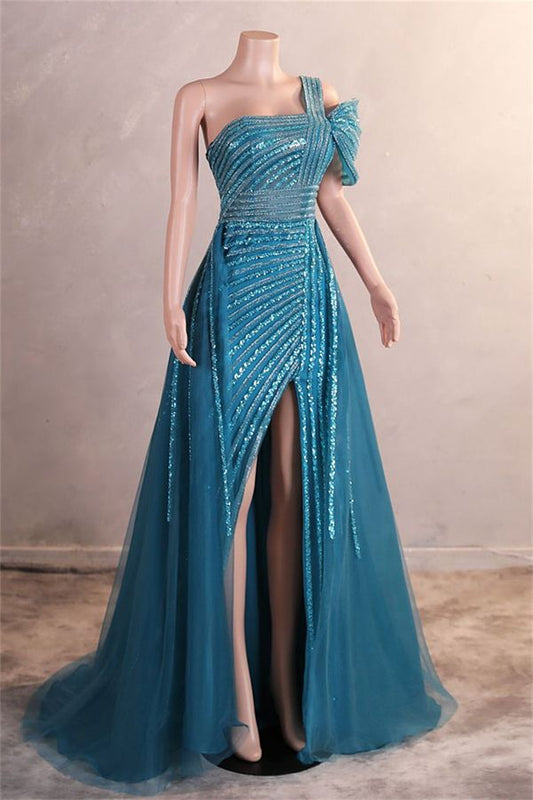 Vestido de fiesta largo de tul con cuentas y un solo hombro, corte A, elegante vestido de noche ED01660