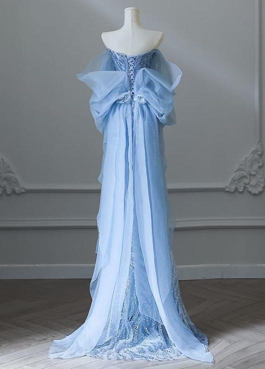 Vestido de fiesta largo de tul con cuentas y corte sirena azul cielo, sin tirantes, elegante vestido de novia ED01661