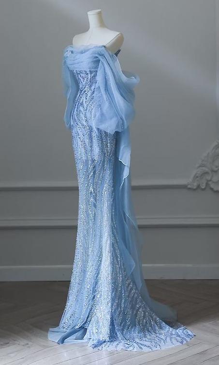 Vestido de fiesta largo de tul con cuentas y corte sirena azul cielo, sin tirantes, elegante vestido de novia ED01661