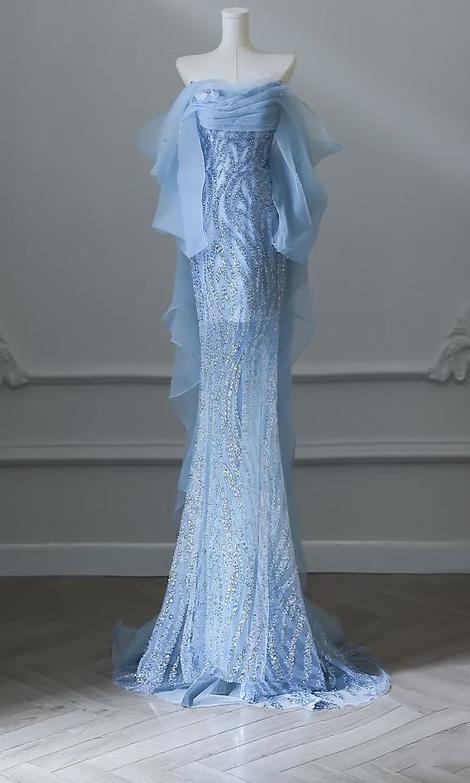 Vestido de fiesta largo de tul con cuentas y corte sirena azul cielo, sin tirantes, elegante vestido de novia ED01661