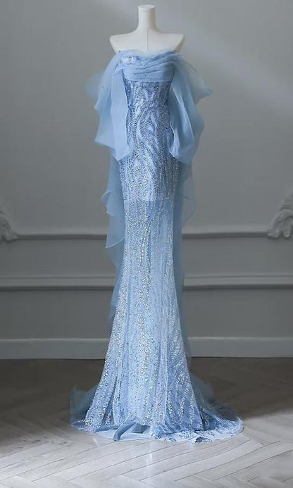Vestido de fiesta largo de tul con cuentas y corte sirena azul cielo, sin tirantes, elegante vestido de novia ED01661