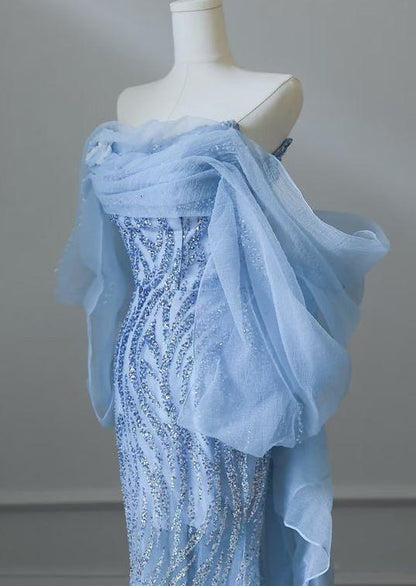 Vestido de fiesta largo de tul con cuentas y corte sirena azul cielo, sin tirantes, elegante vestido de novia ED01661
