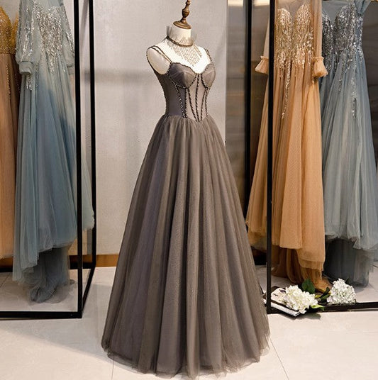 Vestido de fiesta largo de tul con cuentas y tirantes finos, corte A, para graduación, cumpleaños, ED01669