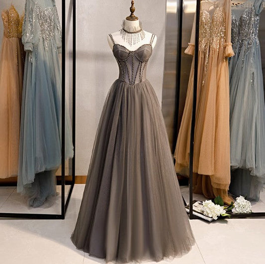 Vestido de fiesta largo de tul con cuentas y tirantes finos, corte A, para graduación, cumpleaños, ED01669