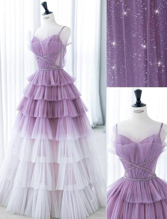 Gradient Purple A-Line Spaghetti Strap Tulle Sequin Long Prom Dresses for Birthday&Graduation ED01672