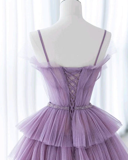 Vestido largo de fiesta morado degradado con tirantes finos, tul y lentejuelas, para cumpleaños y graduación ED01672