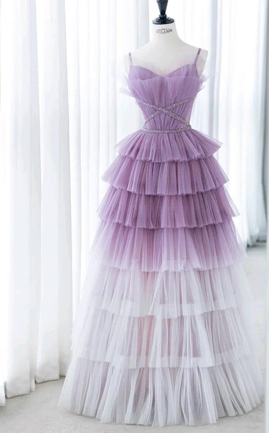 Gradient Purple A-Line Spaghetti Strap Tulle Sequin Long Prom Dresses for Birthday&Graduation ED01672