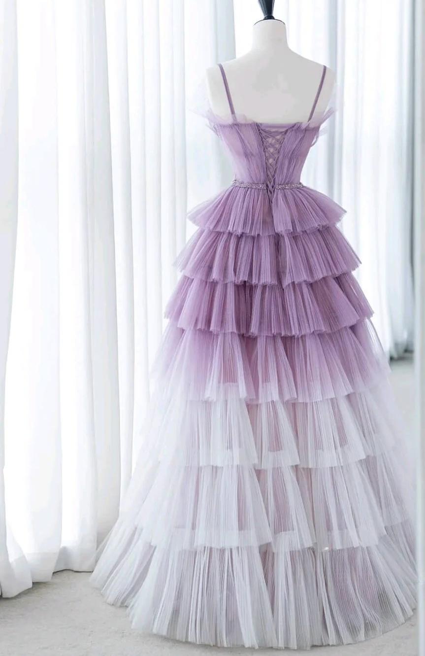 Vestido largo de fiesta morado degradado con tirantes finos, tul y lentejuelas, para cumpleaños y graduación ED01672