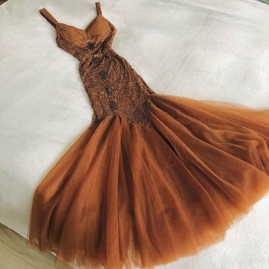 Elegante vestido de fiesta largo de sirena marrón con tirantes finos de gasa y tul con cuentas, vestido de cumpleaños ED01674