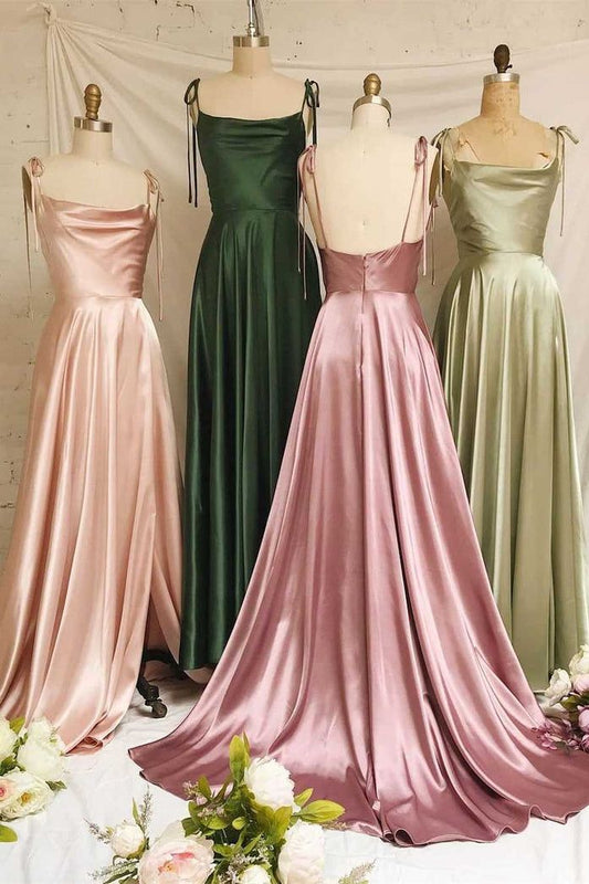 Vestido de dama de honor largo, sencillo, de satén, con tirantes finos, corte A, ED01683