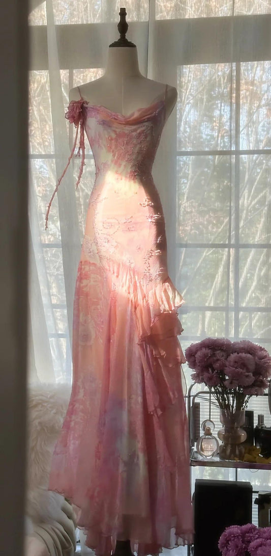 Vestido de fiesta vintage de sirena con tirantes finos en color rosa, de gasa con cuentas y largo estilo cuento de hadas, ED01690