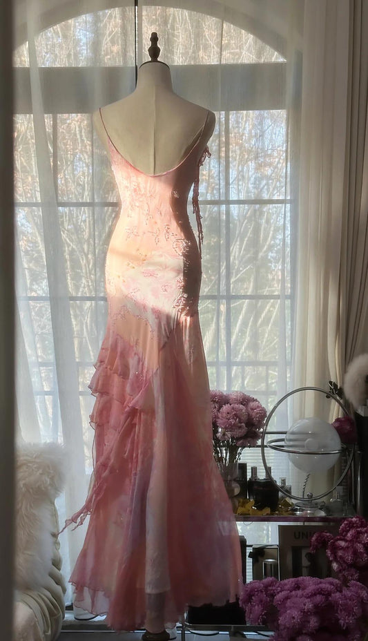 Vestido de fiesta vintage de sirena con tirantes finos en color rosa, de gasa con cuentas y largo estilo cuento de hadas, ED01690