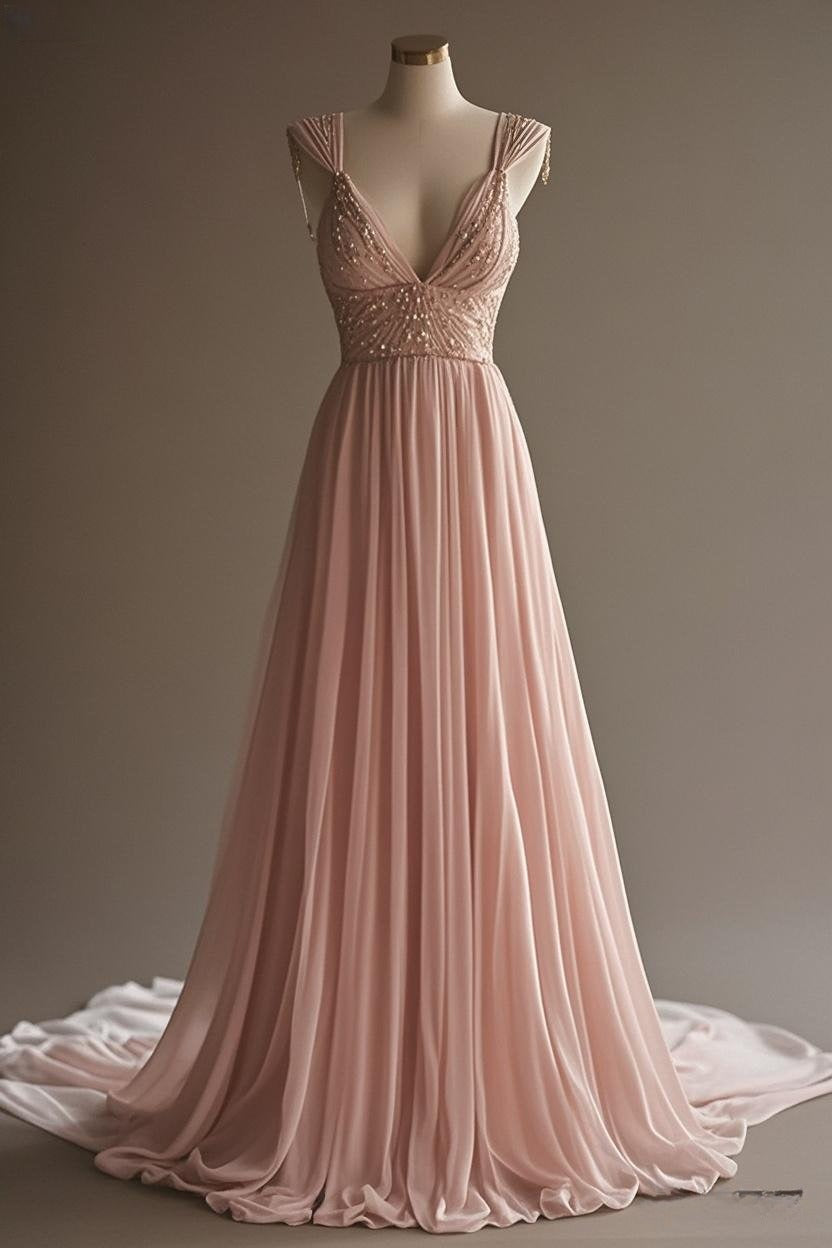 Vestido de fiesta largo de gasa con escote en V y cuentas, corte en A, color blanco roto, sencillo, para dama de honor, ED01696