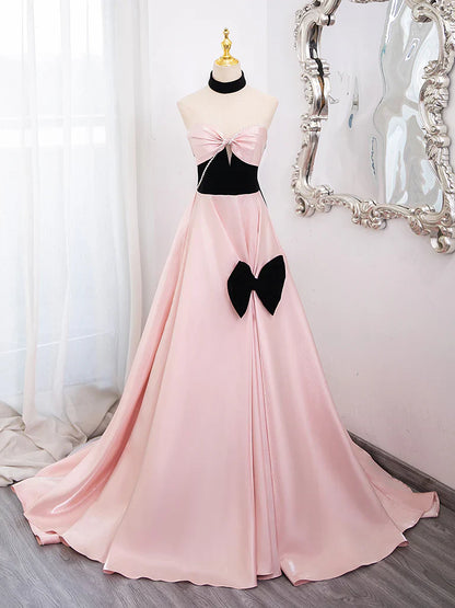 Vestido de fiesta largo de satén rosa con escote corazón y corte en A, vestido formal largo rosa ED017