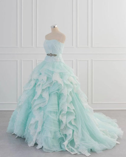 Light Blue A-Line Strapless Tulle Lace Long Prom Dress Vintage Wedding Dress ED01700