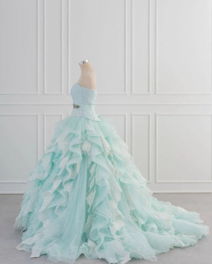 Light Blue A-Line Strapless Tulle Lace Long Prom Dress Vintage Wedding Dress ED01700