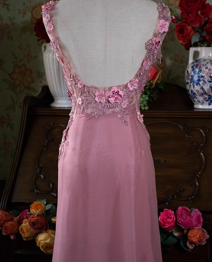 Gray Pink Retro Mermaid V-neck Chiffon Beaded Long Prom Dress Sweet Applique Birthday Dress ED01705