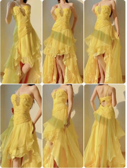 Vestido de fiesta largo de gasa amarillo con corte en A y un solo hombro, con capas, para cumpleaños ED01706
