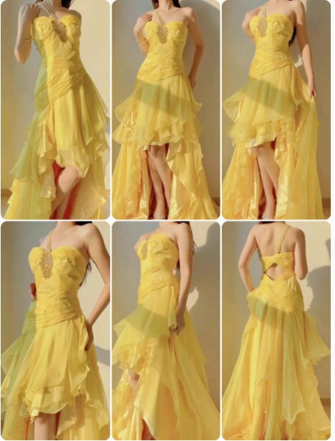 Vestido de fiesta largo de gasa amarillo con corte en A y un solo hombro, con capas, para cumpleaños ED01706