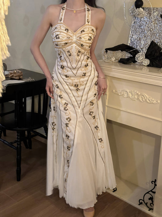 Vestido de fiesta largo vintage de tul con cuello halter y cuentas, estilo sirena, para cumpleaños, ED01710