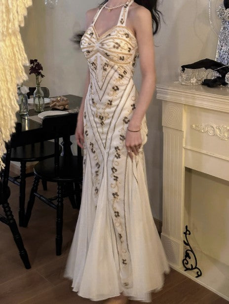 Vestido de fiesta largo vintage de tul con cuello halter y cuentas, estilo sirena, para cumpleaños, ED01710