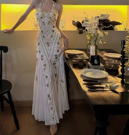 Vestido de fiesta largo vintage de tul con cuello halter y cuentas, estilo sirena, para cumpleaños, ED01710