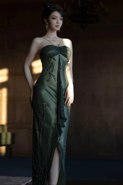 Vintage💚 Forest Green Spaghetti Straps Long Prom Dresses Glitter Chiffon Beaded Elegant Party Dresses ED01717
