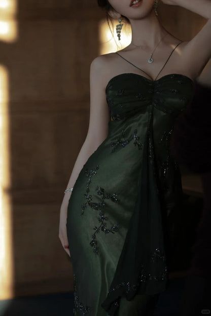 Vintage💚 Forest Green Spaghetti Straps Long Prom Dresses Glitter Chiffon Beaded Elegant Party Dresses ED01717