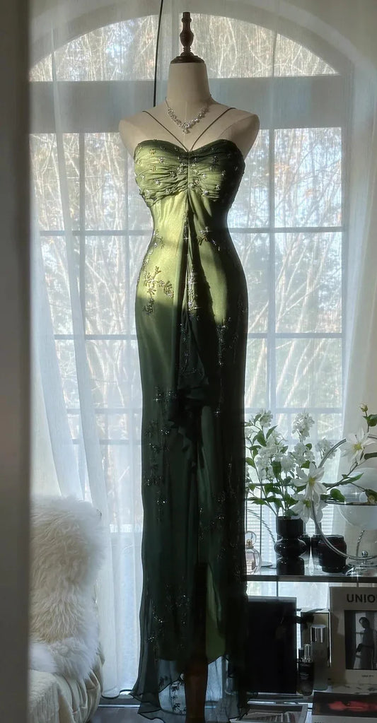 Green Sheath Halter Beaded Appliques Chiffon Long Prom Dress Graduation Prom Dress SH2485