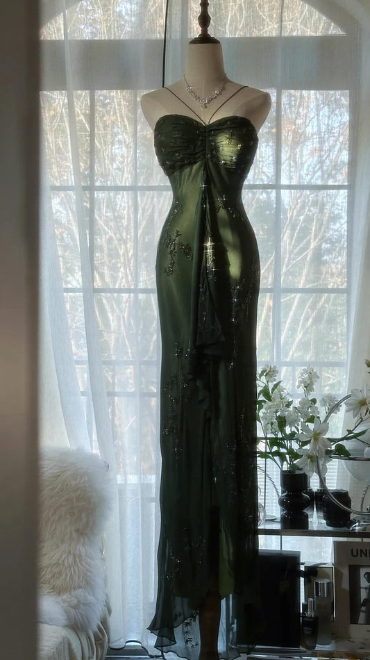 Vintage💚 Forest Green Spaghetti Straps Long Prom Dresses Glitter Chiffon Beaded Elegant Party Dresses ED01717
