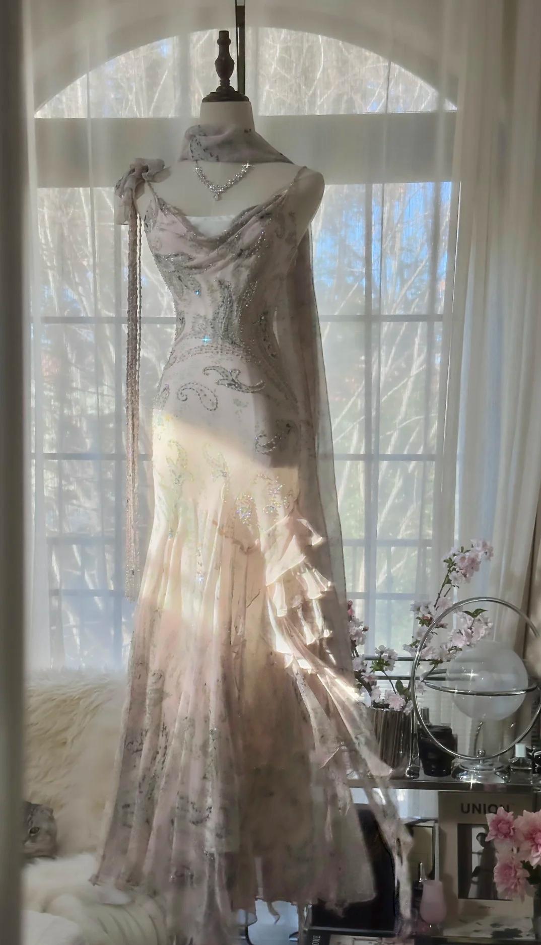 💕 Fairytale Pink Spaghetti Straps Mermaid Evening Gowns Vintage Elegant Beaded Silk Long Prom Dress Wedding Guest Outfits ED01724